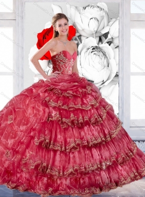 Appliques and Ruffles Quinceanera Dress in Coral Red