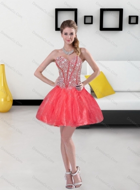 Discount Beading Mini Length Prom Dress in Coral Red