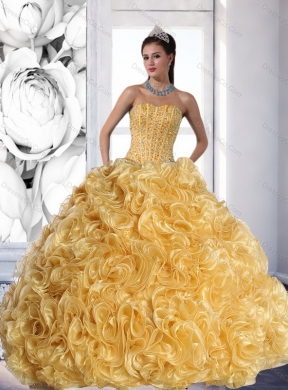 Strapless Gold Quinceanera Dress with Beading and Rolling Flowers
