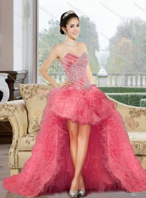 Discount Appliques and Ruffles Prom Dress in Watermelon