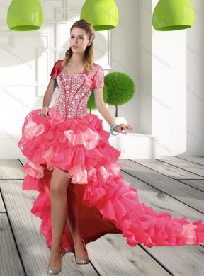 Discount Coral Red High Low Prom Dress with Beading and Ruffled Layers
