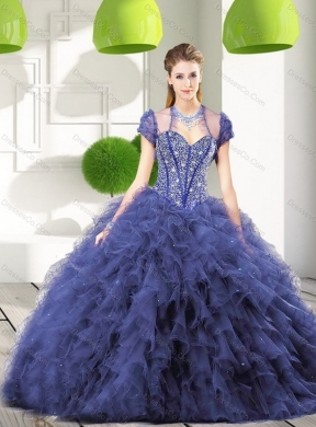 Pretty Navy Blue Quinceanera Dress with Beading and Ruffles for