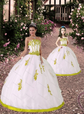Custom Made White and Yellow Green Princesita Dress with Appliques