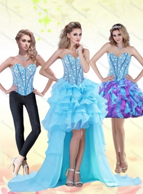 Cheap Aqua Blue High Low Prom Dress with Beading and Ruffles