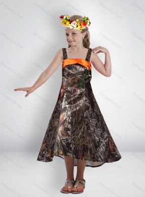 Elegant High Low Straps Camo Flower Girl Dress with Sashes