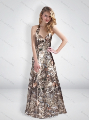 A Line Halter Top Multi Color Camo Prom Dress with Brush Train