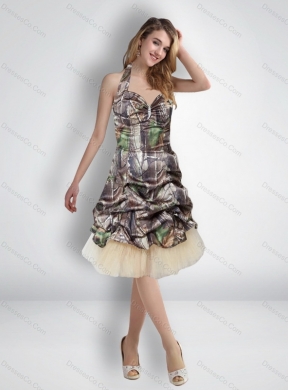 New Style Short Halter Top Camo Prom Dress with Knee Length