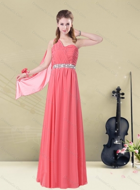 Elegant One Shoulder Beaded Long Dama Dress with Ruches