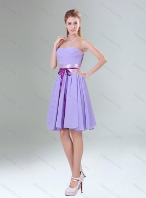 Perfect Lavender Ruched Mini Length Dama Dress with Bowknot Sash