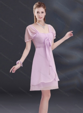 Summer A Line Square Ruhing Pretty Dama Dress with Cap Sleeves