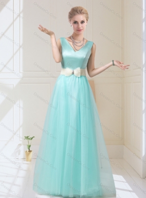 Delicate V Neck Floor Length Prom Dress with Bowknot for