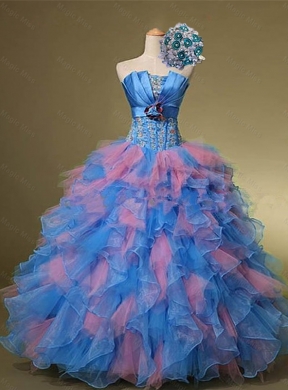 Beautiful Strapless Quinceanera Dress with Hand Made Flowers and Beading