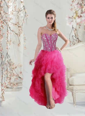 Elegant High Low Beaded and Ruffles Dama Dress in Hot Pink