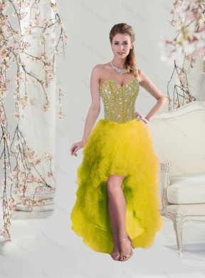 Classical High Low Yellow Prom Dress with Beading and Ruffles