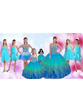 Perfect Beaded Multi Color Quinceanera Dressand Aqua Blue Dama Dressand Cute Straps Little Girl Dressand Sexy Short Prom Dresses