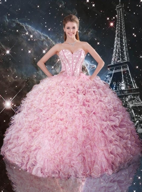 Winter Perfect Ball Gown Pink Quinceanera Dress with Ruffles and Beading
