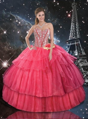 Luxurious Fall Hand Made Flowers Coral Red Quinceanera Dress with Beading