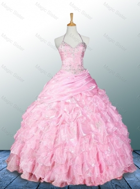 Pretty Halter Top Pink Quinceanera Dress with Appliques