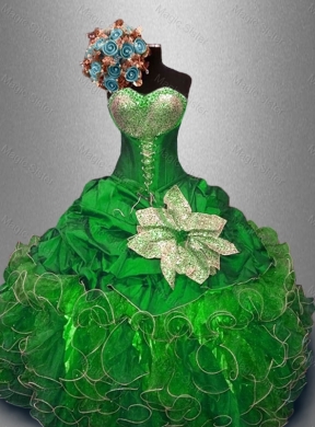Green Quinceanera Dress In Stock with Sequins and Ruffles