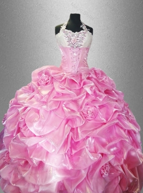 Perfect Halter Top Quinceanera Dress with Pick Ups and Hand Made Flowers