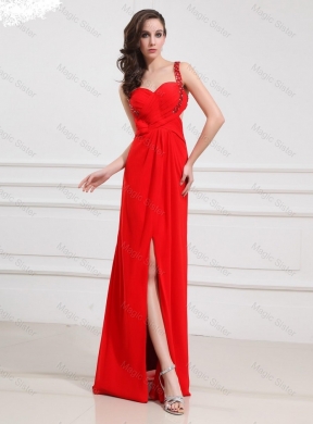 Empire One Shoulder Sequins Prom Dress with Slit in Red