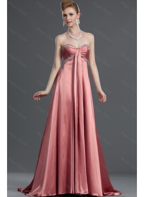 Most Popular Beading Elastic Woven Satin Prom Dress with Brush Train