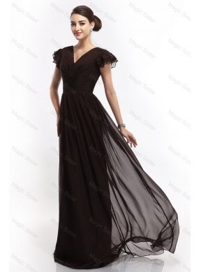Hot Sale V Neck Ruching Empire Brush Train Prom Dress in Black