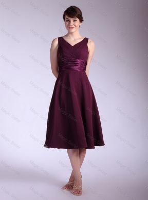 Perfect Beautiful Fashionable V Neck Tea Length Prom Dress with Ruching