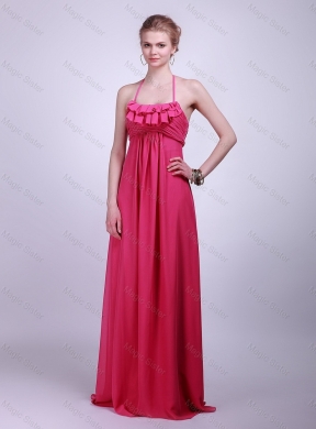 Pretty Halter Top Brush Train Prom Dress in Hot Pink