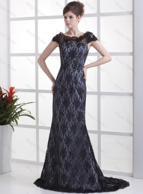 Luxurious Column Lace Black Prom Dress with Brush Train