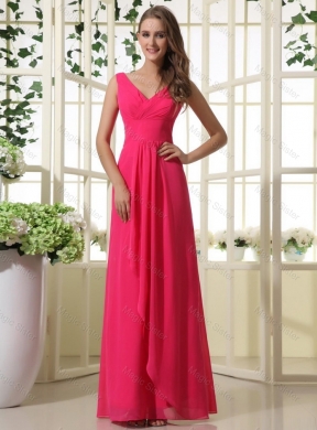 Popular New Style Discount Beautiful V Neck Empire Hot Pink Prom Dress with Ruching