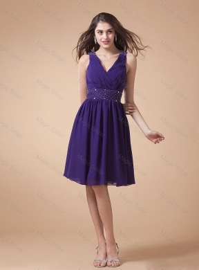 Popular New Style Discount Comfortable V Neck Beading Short Prom Dress in Eggplant Purple