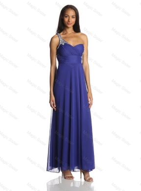 Cheap Lovely Latest Sexy Empire One Shoulder Ankle Length Chiffon Prom Dress in Blue