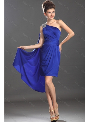 Classical Luxurious Latest Beautiful Column One Shoulder Blue Prom Dress with Beading