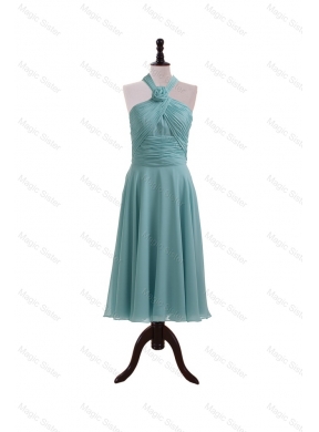 Simple Ruching and Hand Made Flower Halter Top Prom Dress Homecoming