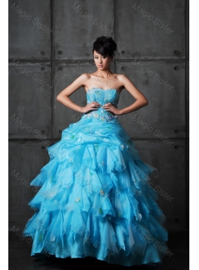 Perfect Ball Gown Appliques and Ruffles Wedding Gowns in Aqua Blue Color