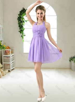 Modest Halter Top Hand Made Flowers Dama Dress in Purple