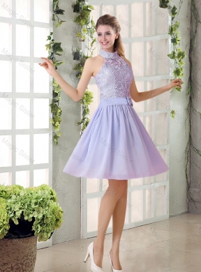 Beautiful A Line High Neck Lace Bridesmaid Dress with Lavender