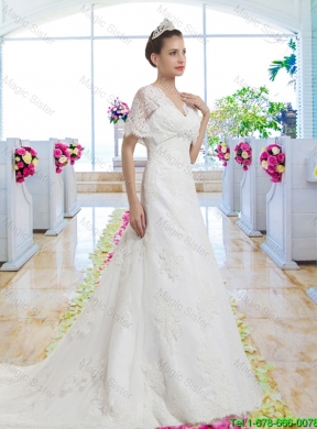V Neck Bridal Gowns with Short Sleeves for