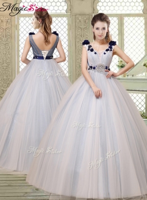 Spring Pretty Champagne Straps Quinceanera Gowns with Belt and Appliques