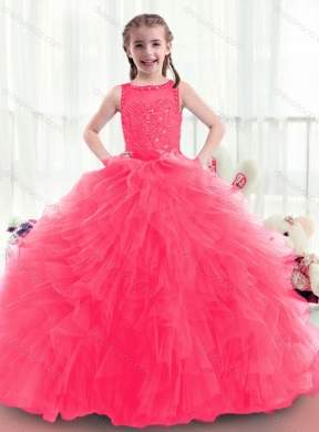 Modern Bateau Beading Cheap Flower Girl Dress in Coral Red