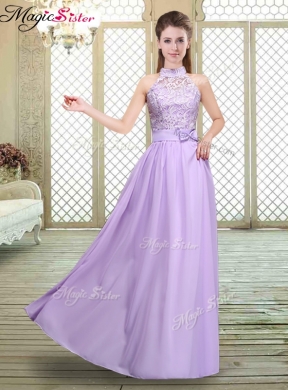 New Style Sweet High Neck Lace Lavender Prom Dresses