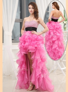 Cheap High-low Pink Bridesmaid Dress with Beading and Belt