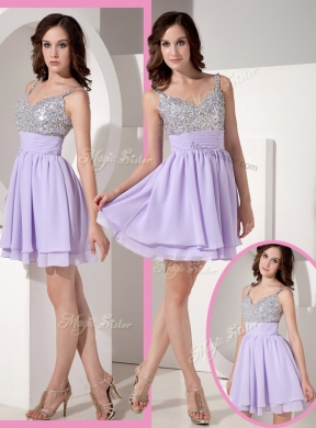 Pretty Beading Lavender Short Dama Dress
