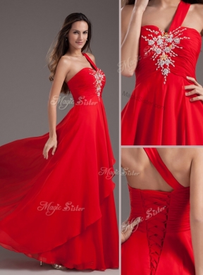 Cheap Empire One Shoulder Red EveningDress with Beading