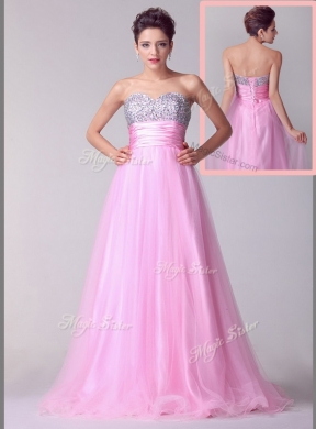Lovely A Line Brush Train Rose Pink Evening Dress with Beading Spring