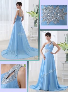 Sweet One Shoulder Brush Train Beading Evening Dress with Lace Up