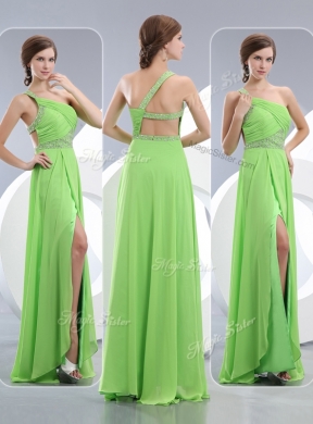 Elegant One Shoulder Spring Green SexyProm Dress with High Slit