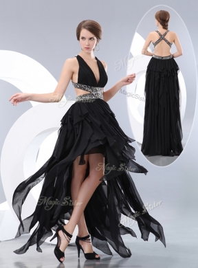 New Style V Neck High Low Prom Dress in Black