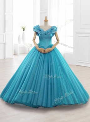 Custom Made Cap Sleeves Teal Quinceanera Gowns with Appliques